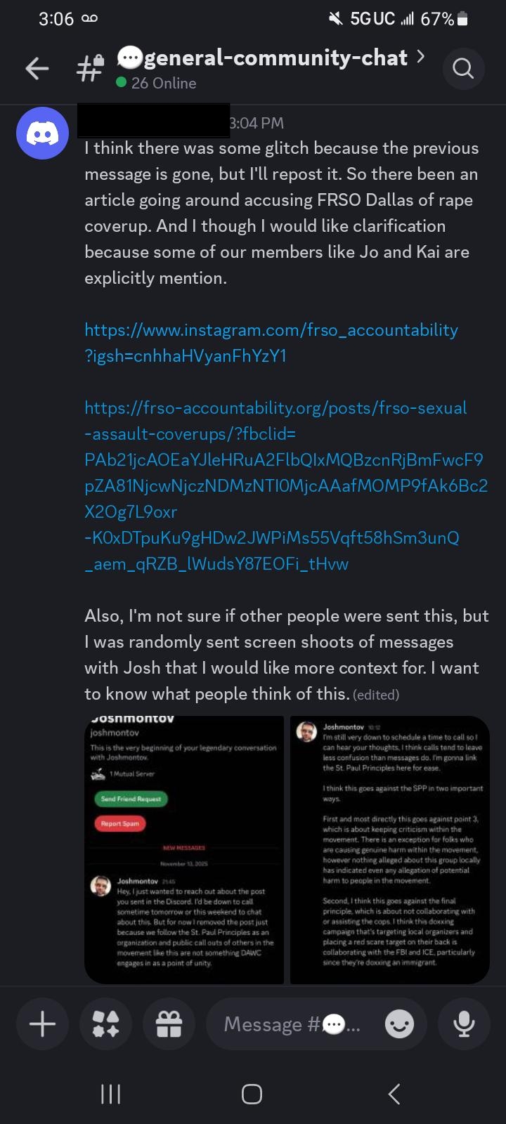Screenshot of ex-FRSO comrade reposting on DAWC Discord