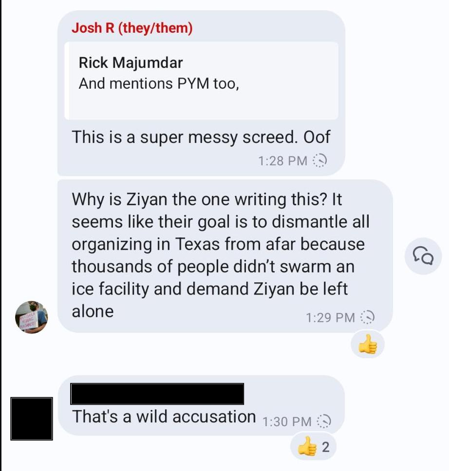 Screenshot of Josh's reaction to Ziyan's posts in FRSO group chat