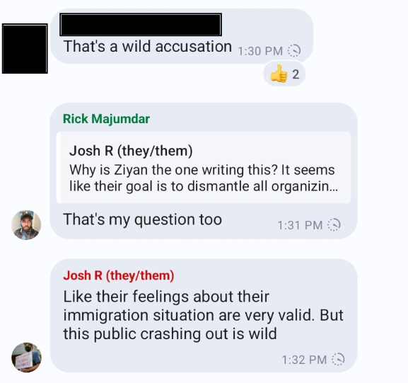 Screenshot of Josh's reaction to Ziyan's posts in FRSO group chat continued