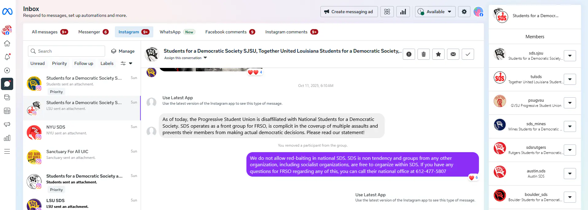 National SDS social media screenshot